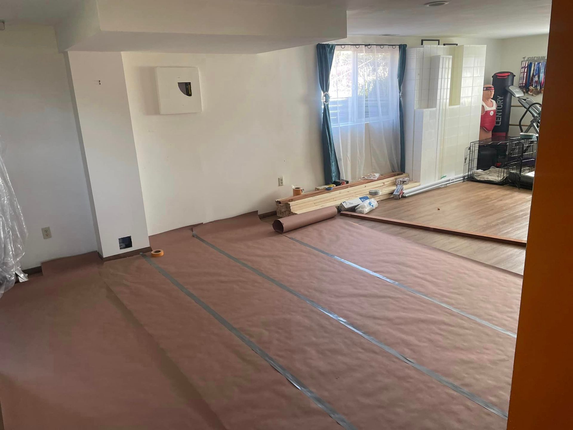 A room with a lot of paper on the floor.