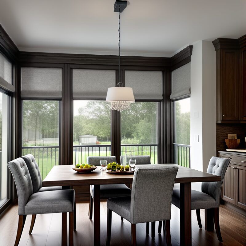 A dining room with a table and chairs and a large window.  PremierHAS home automation close to Dallas Texas (DFW) Area.