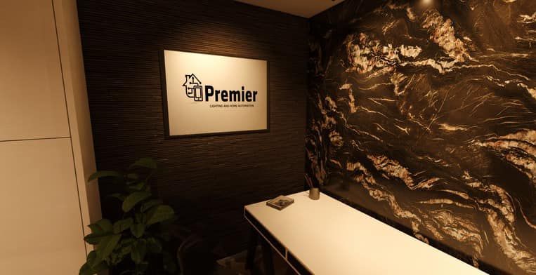 A room with a sign that says premier on it.   Portfolio for Premier Lighting & Home Automation in Dallas Fort Worth (DFW).Addison, McKinney TX automation services.