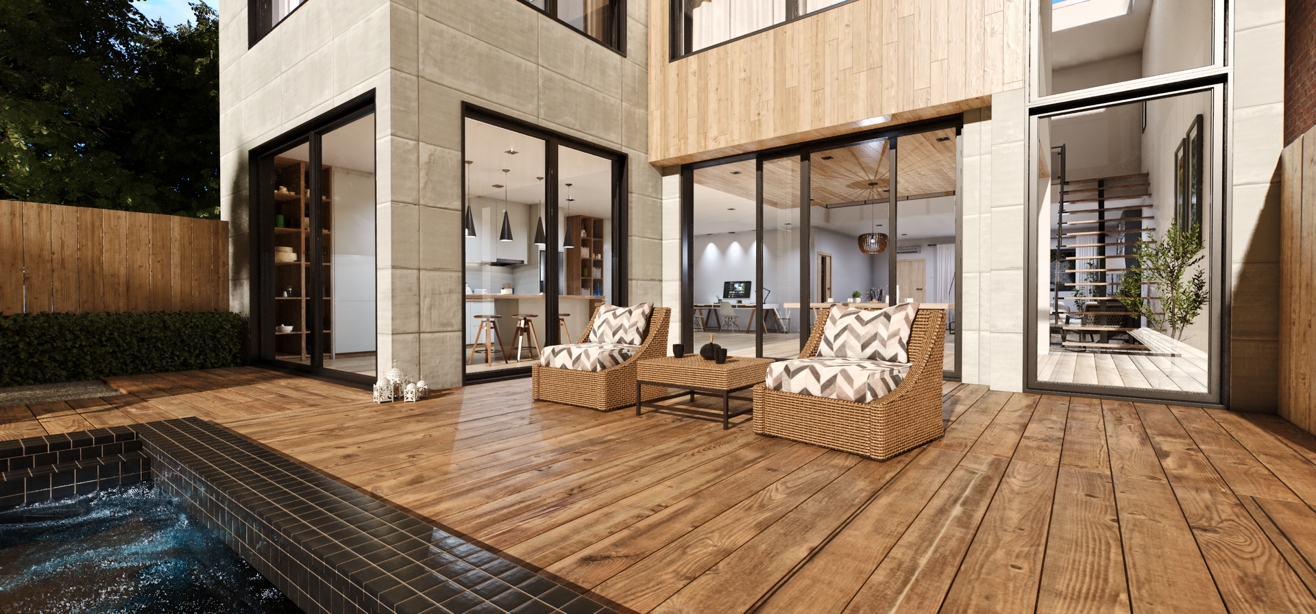 An artist 's impression of a house with a wooden deck and a swimming pool. Portfolio for Premier Lighting & Home Automation in Dallas Fort Worth (DFW).