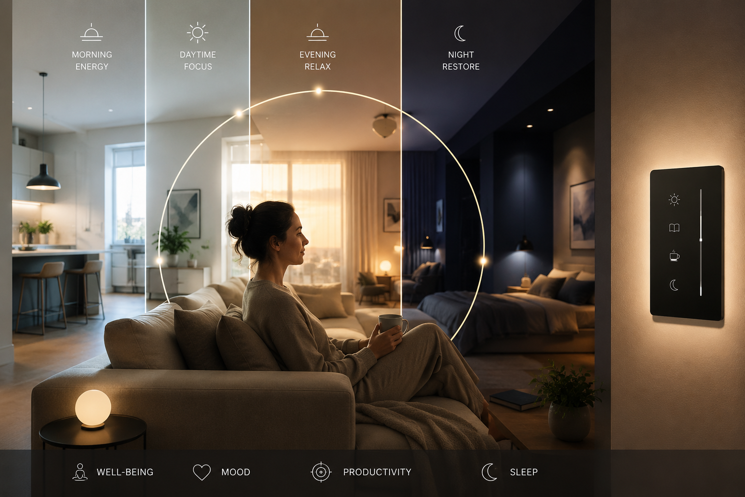 Woman relaxing in a modern smart home with adaptive human-centric lighting transitioning from daylig