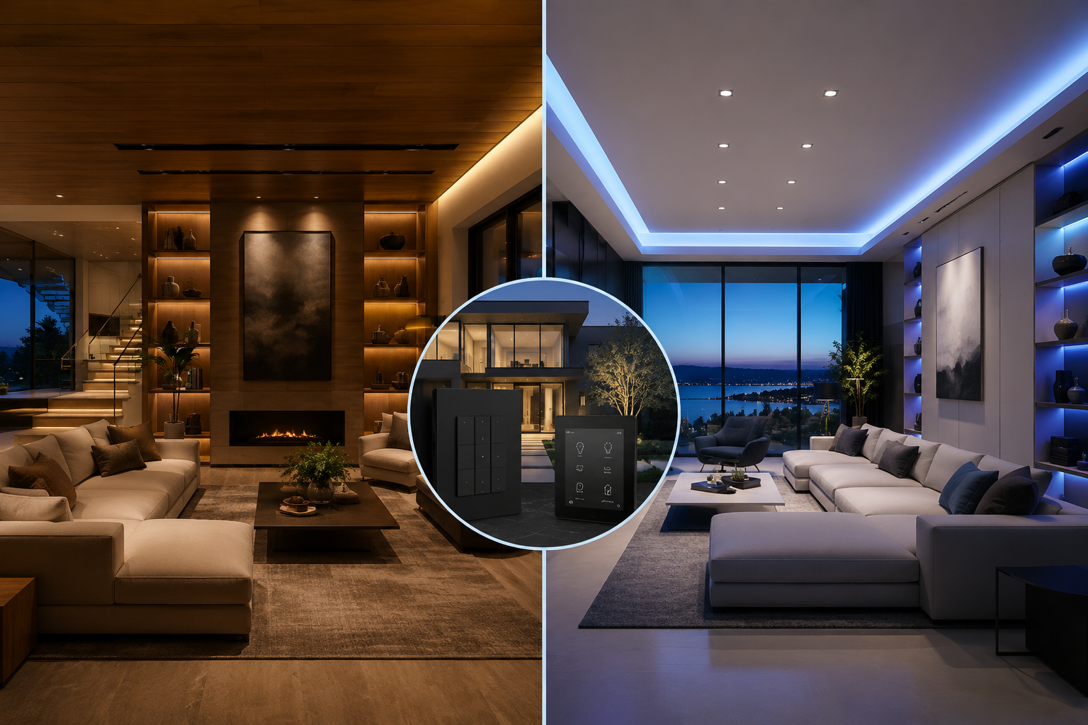 Luxury smart home interior comparison featuring two high-end living spaces with contrasting lighting