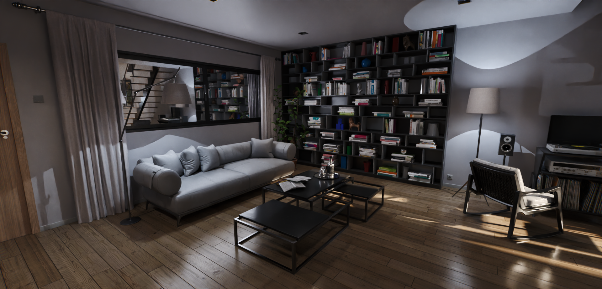 A living room with a couch , chairs , coffee tables and a bookshelf. Portfolio for Premier Lighting & Home Automation in Dallas Fort Worth (DFW).