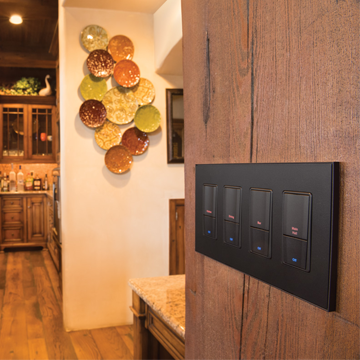 A black light switch is mounted on a wooden wall in a kitchen. Premier Lighting & Home Automation in Dallas Fort Worth (DFW).
