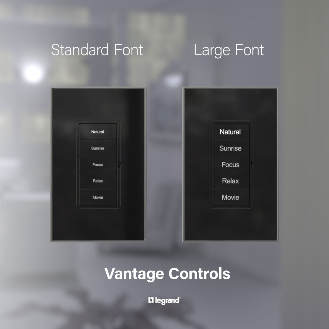 A picture of a standard font and a large font vantage controls. Portfolio for Premier Lighting & Home Automation in Dallas Fort Worth (DFW).