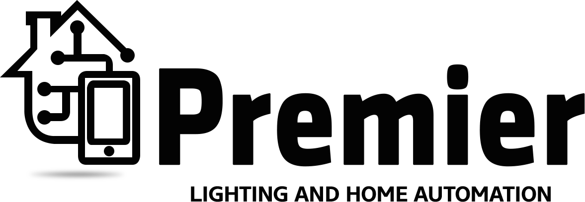 A black and white logo for premier lighting and home automation.