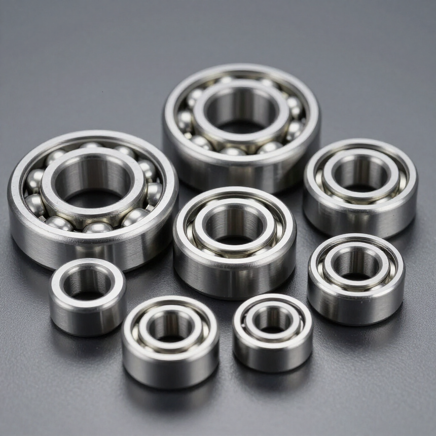 Varias bolas de metal brillante dispuestas sobre una superficie gris.