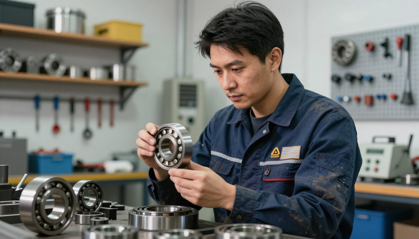 Técnico examinando un cojinete metálico en un taller