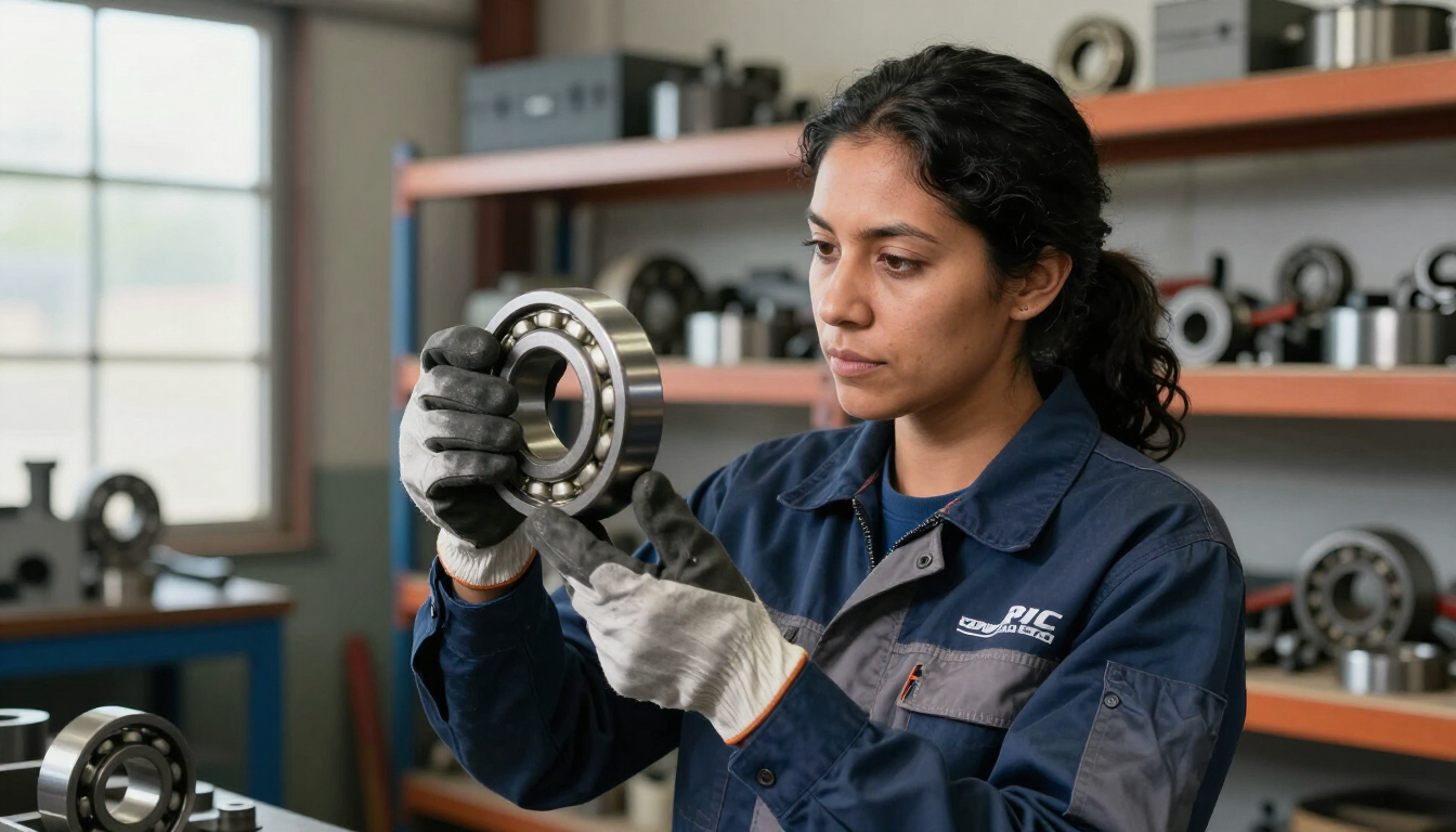 Técnico con mono azul inspeccionando un rodamiento en un taller