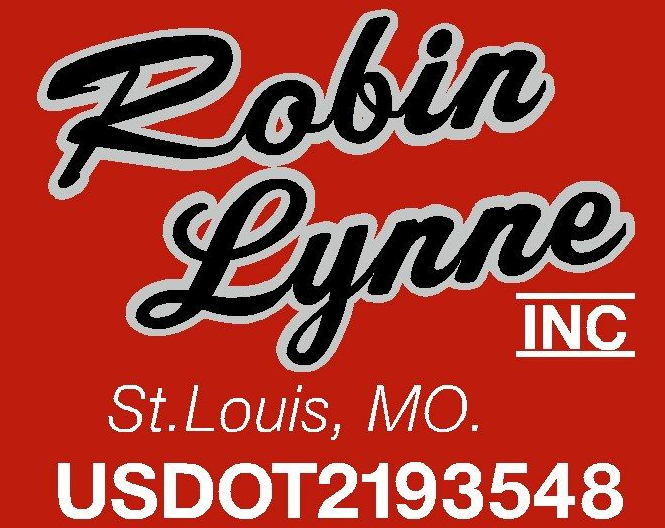 Robin Lynne Inc. logo on red background. Black and white cursive text. St. Louis, MO. USDOT2193548.