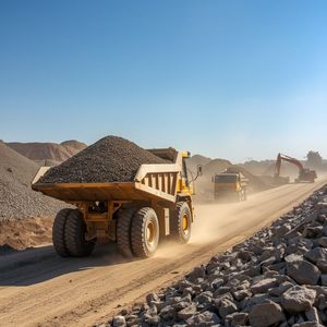 Red dump truck unloading gray gravel on a grassy area.