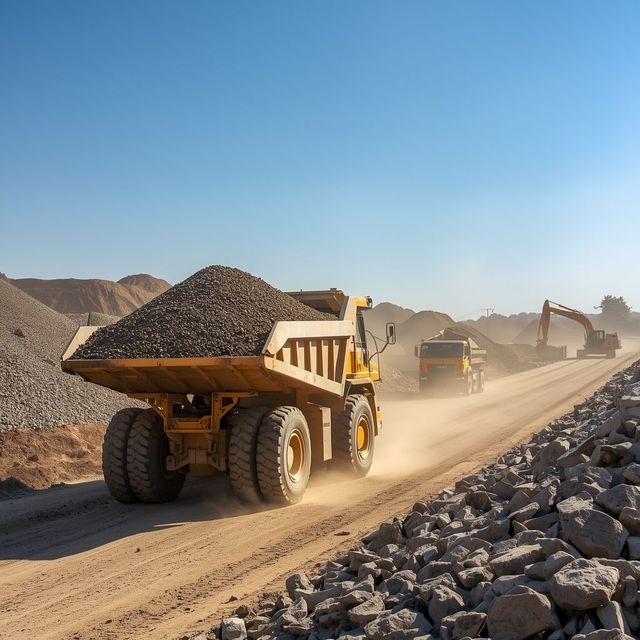 Red dump truck unloading gray gravel on a grassy area.