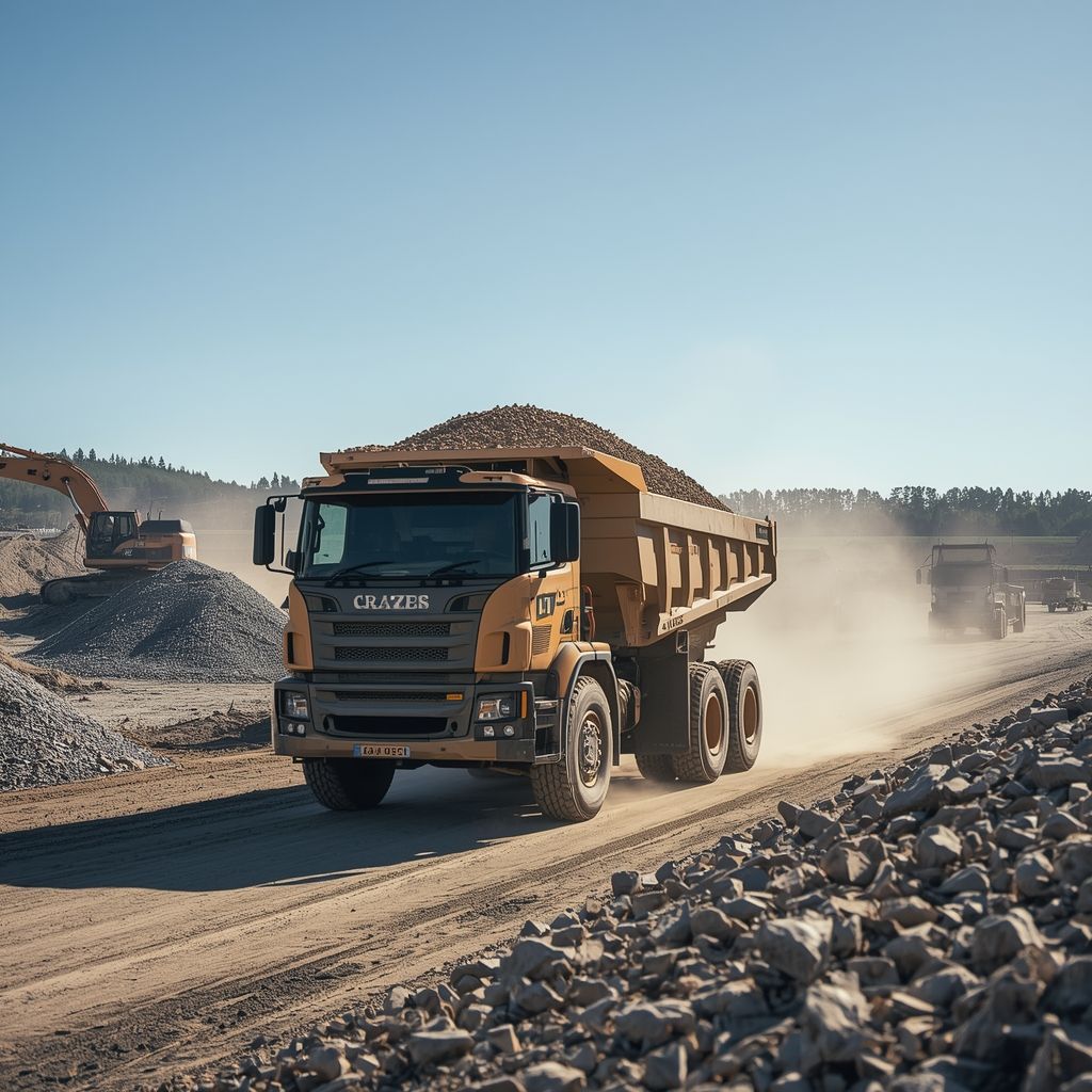 Dump truck unloading a pile of gray gravel onto a grassy area.