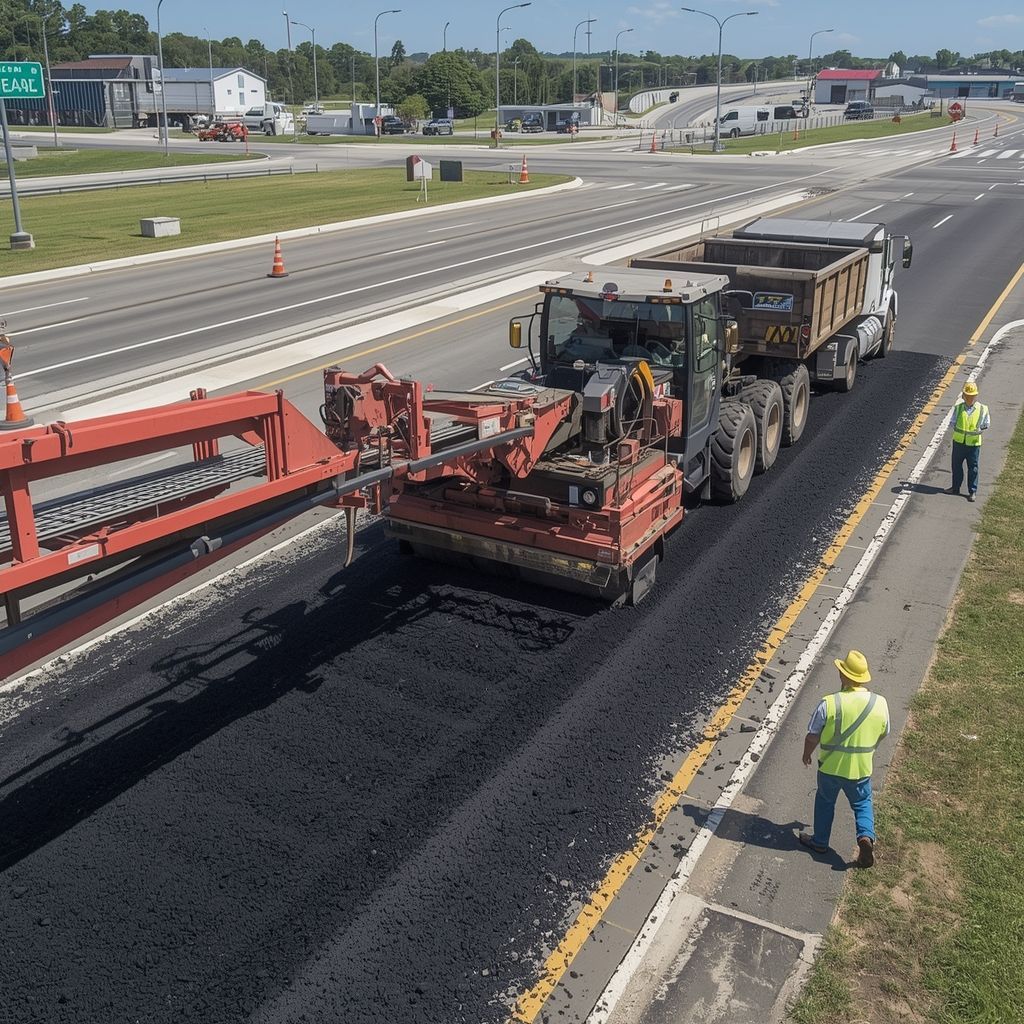 Road workers in orange vests and pants, spreading hot asphalt.