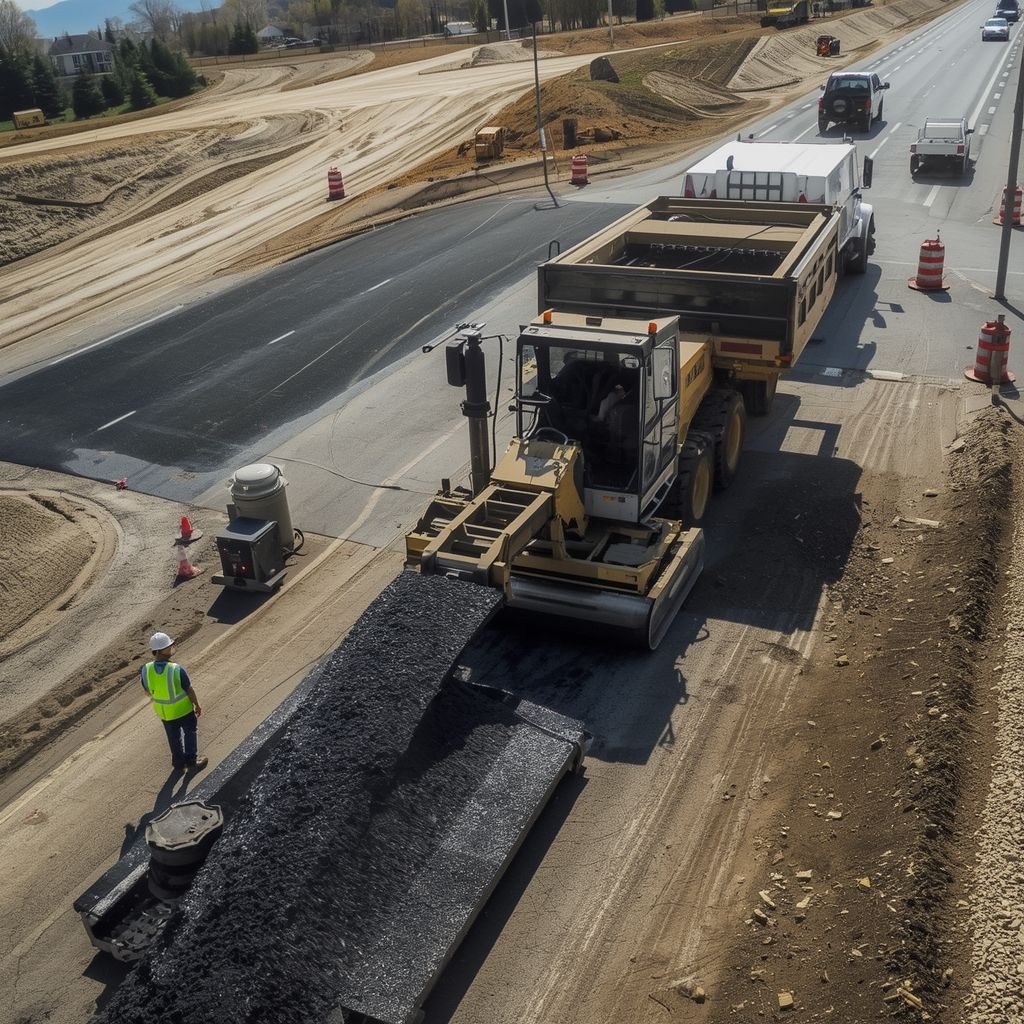 Two yellow road rollers compacting fresh black asphalt on a road, with gravel shoulder.