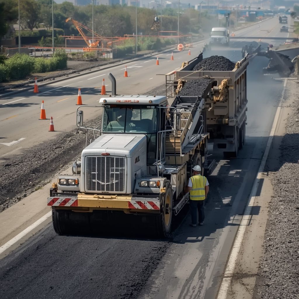 Yellow road roller compacting fresh asphalt on a sunny day, road construction.