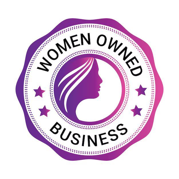 Women-Owned Business seal with a woman’s silhouette inside, surrounded by stars and text on a purple and pink background.