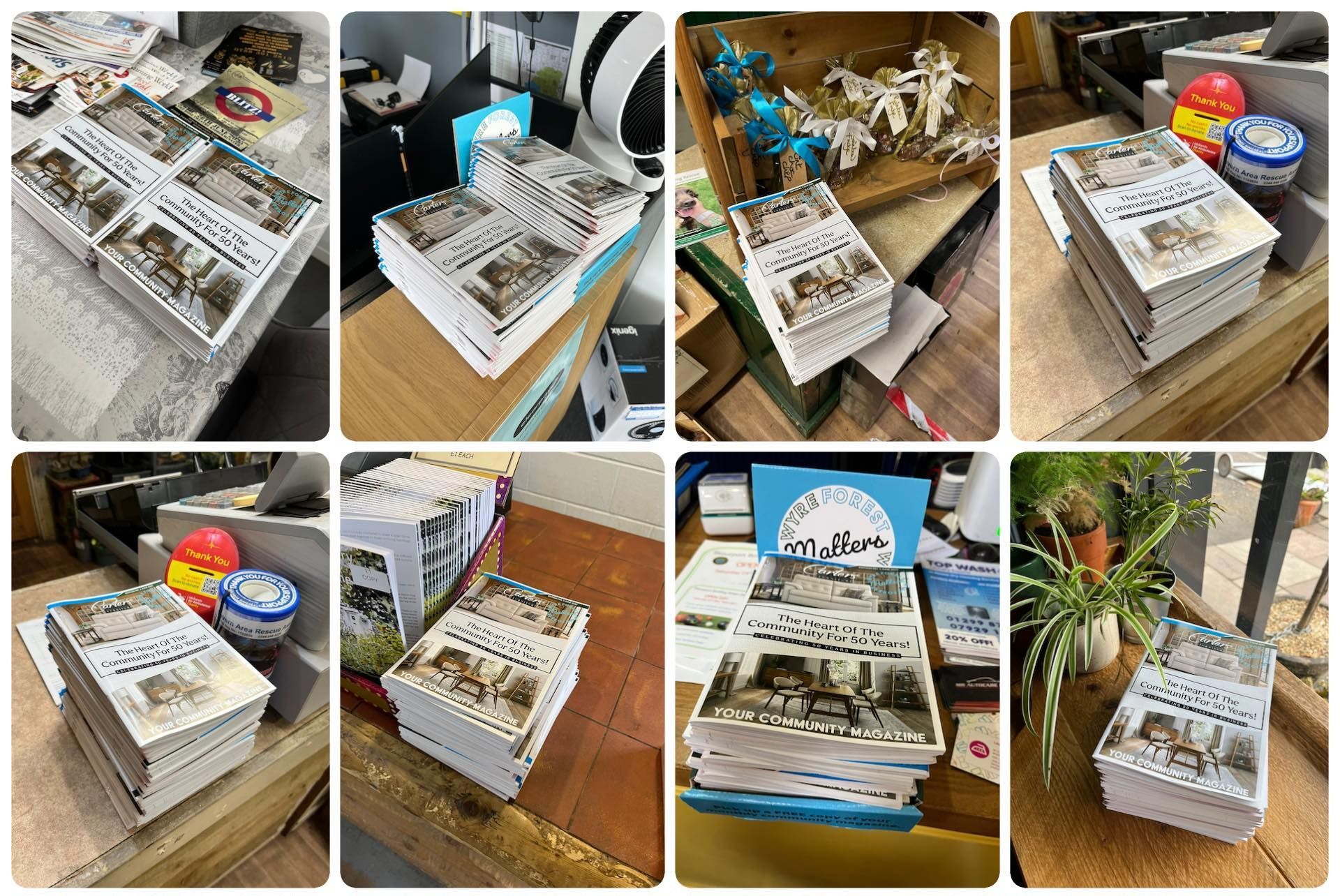 A collage of Wyre Forest Matters Magazine displays at various pickup locations.