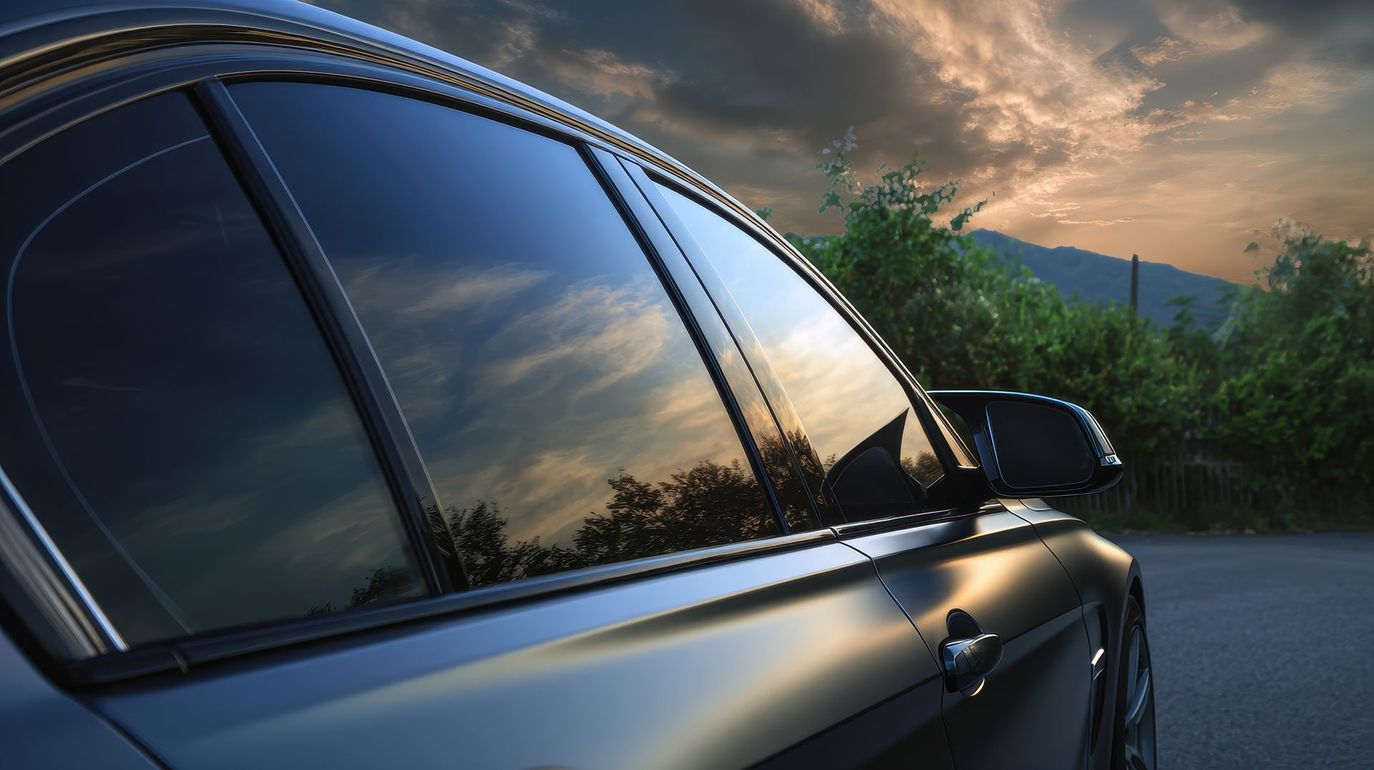 Black car with tinted windows reflecting a sunset over a road and trees. Black car with tinted windows reflecting a sunset over a road and trees.