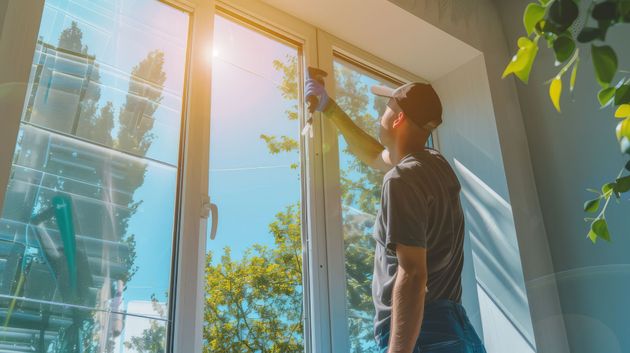 Person cleaning a window with a squeegee, sunny day, blue sky and trees visible outside. Person cleaning a window with a squeegee, sunny day, blue sky and trees visible outside.