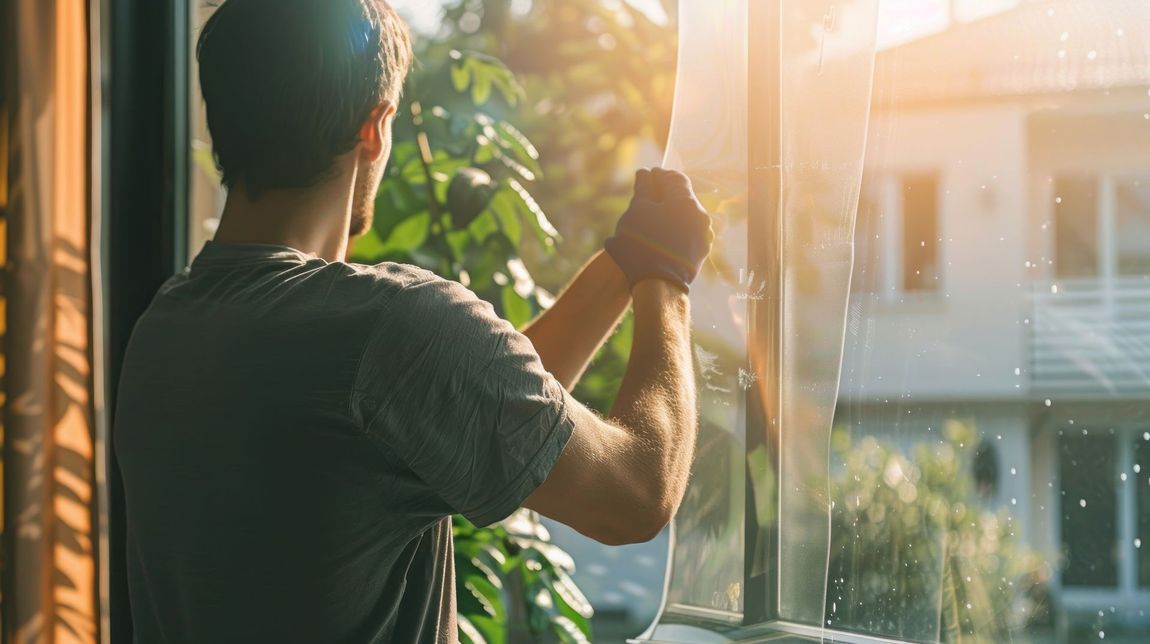 Person cleaning a window with a squeegee, sunlight streams through the glass, highlighting the house outside. Person cleaning a window with a squeegee, sunlight streams through the glass, highlighting the house outside.