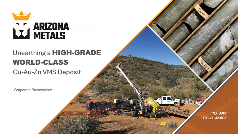 Drilling equipment in a desert landscape with text: Arizona Metals, unearthing high-grade Cu-Au-Zn VMS deposit.