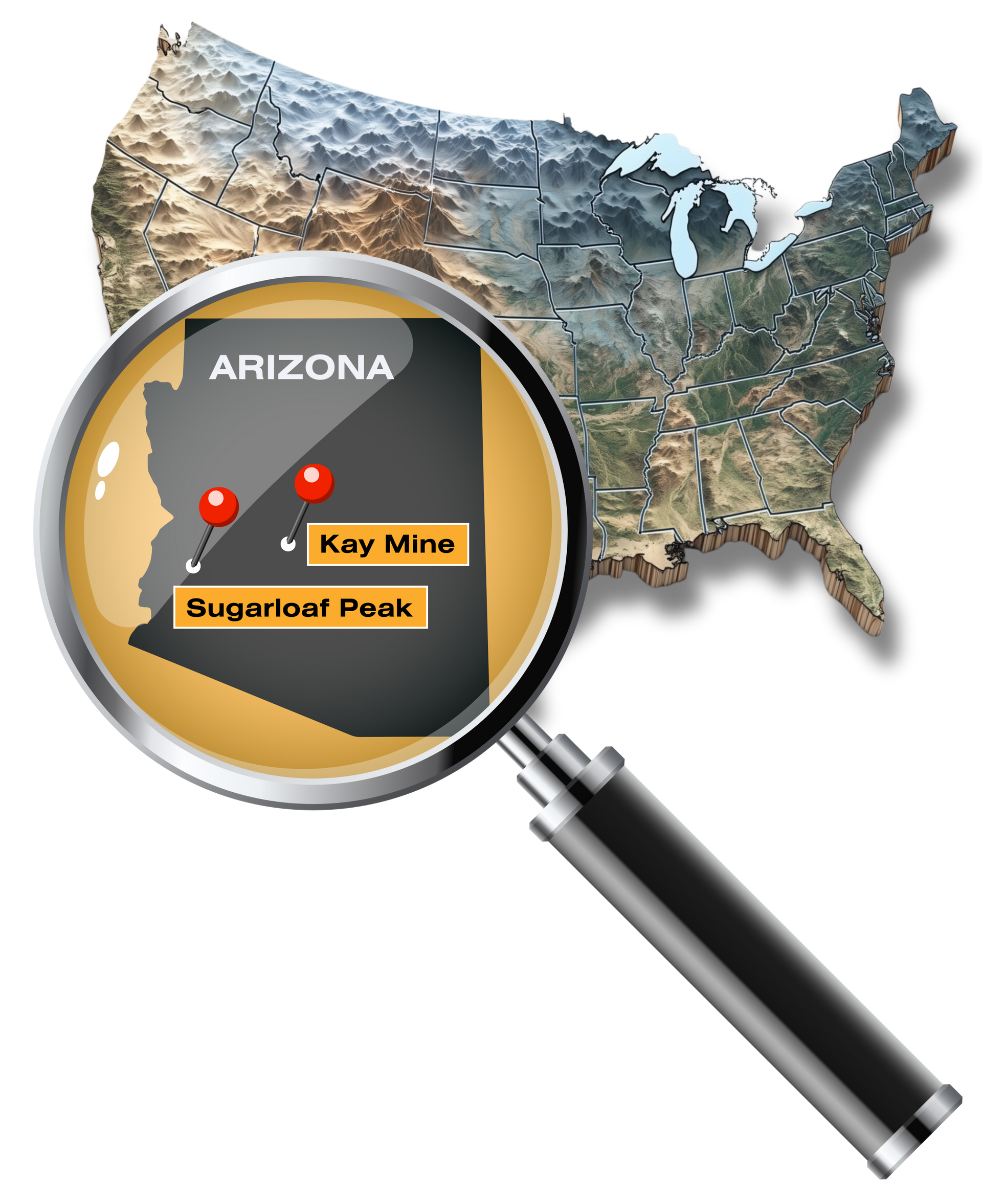 Magnifying glass over a map of the United States, focusing on Arizona, highlighting Kay Mine and Sugarloaf Peak.