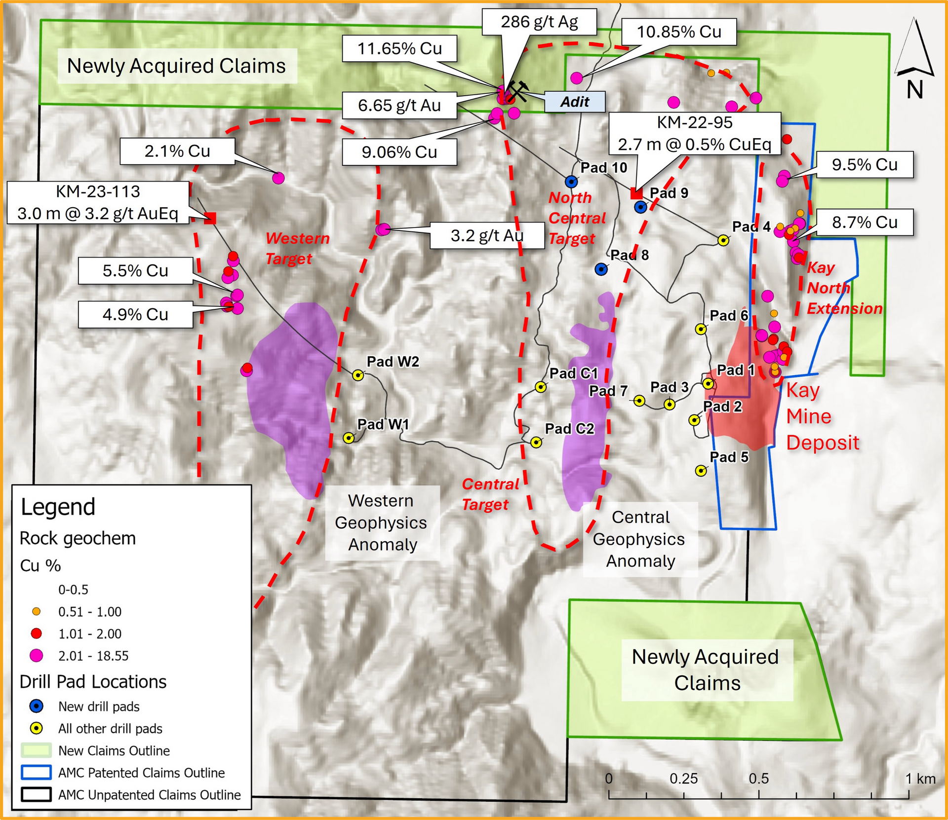 Map of a mining site with colored areas, drill points, and assay results.