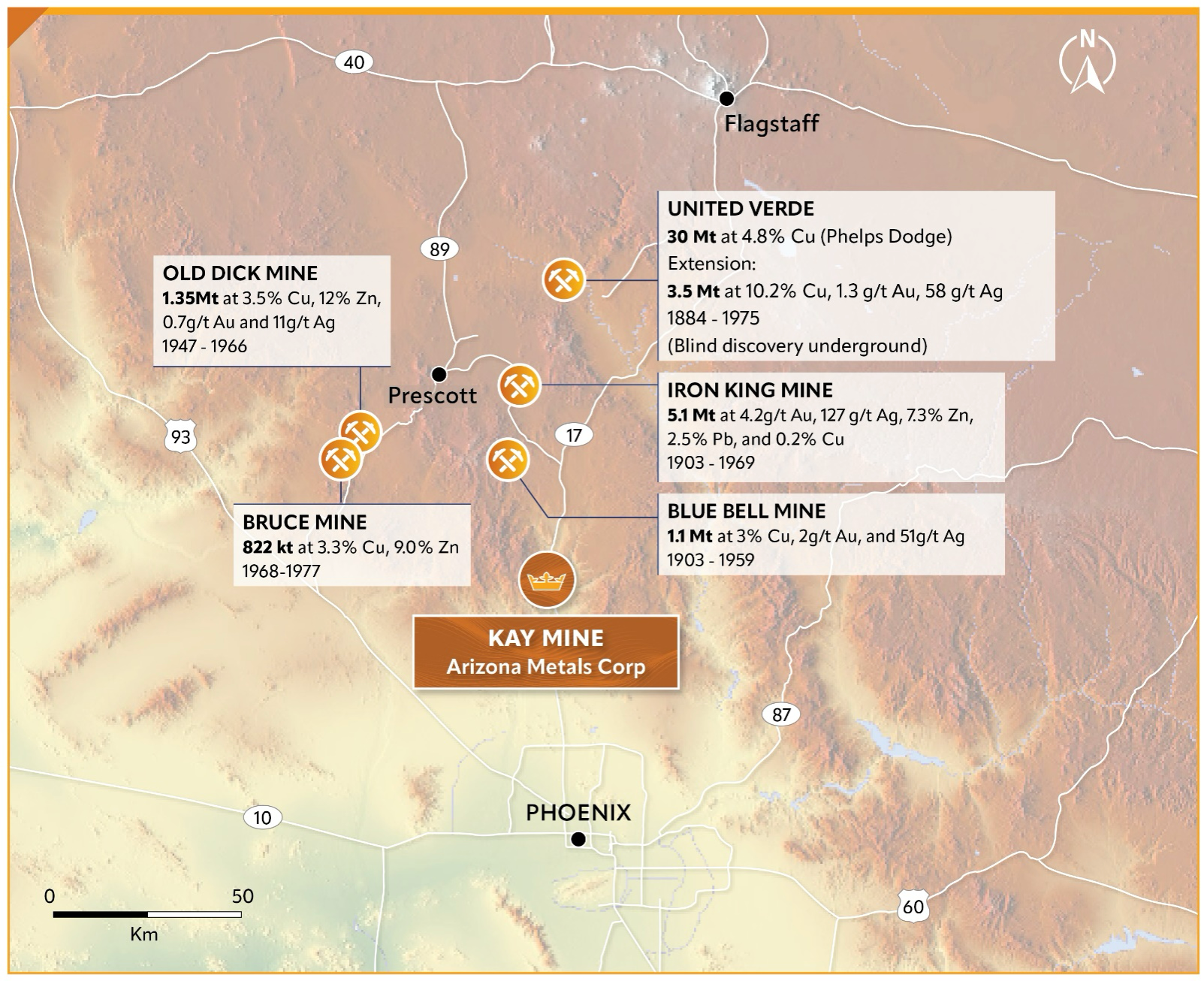 Map showing Arizona mines: United Verde, Rich King, Blue Bell, Gold Ore, and Bruce Mine.