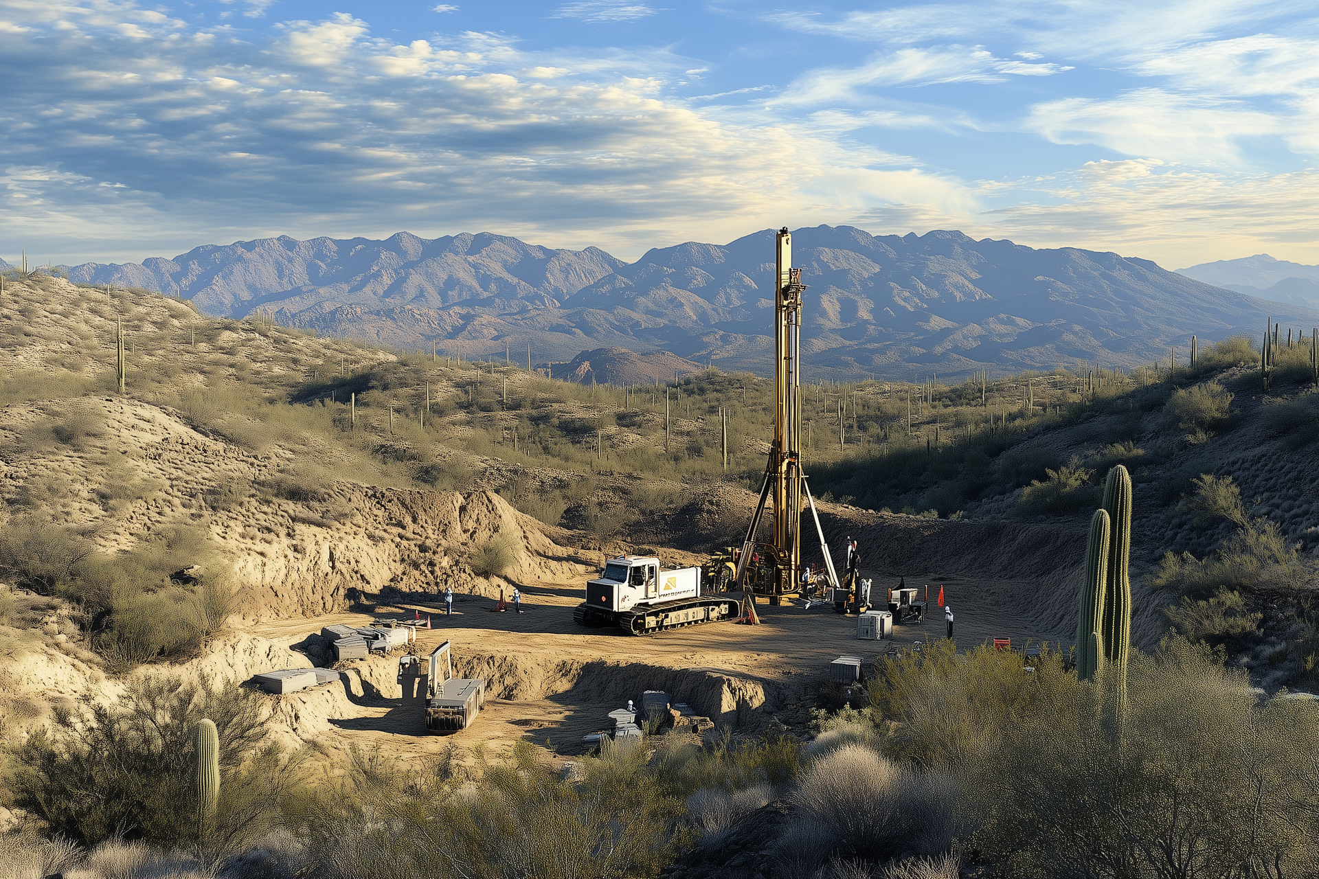 Drilling rig in desert landscape, with mountains in the background under a cloudy sky.