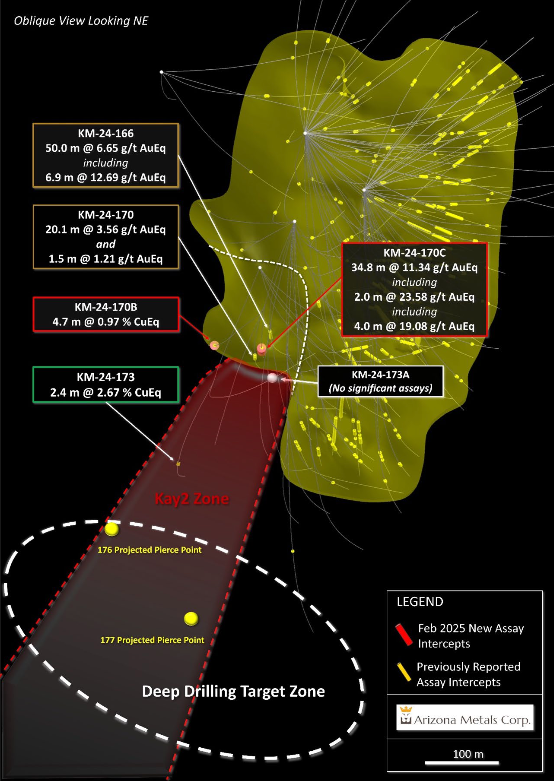 Figure 1. Oblique section looking northeast, displaying new drill holes reported in this release.