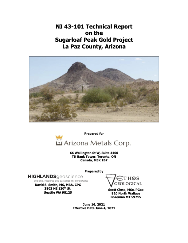 Cover of a technical report on the Sugarloaf Peak Gold Project in Arizona, with a photo of the peak.