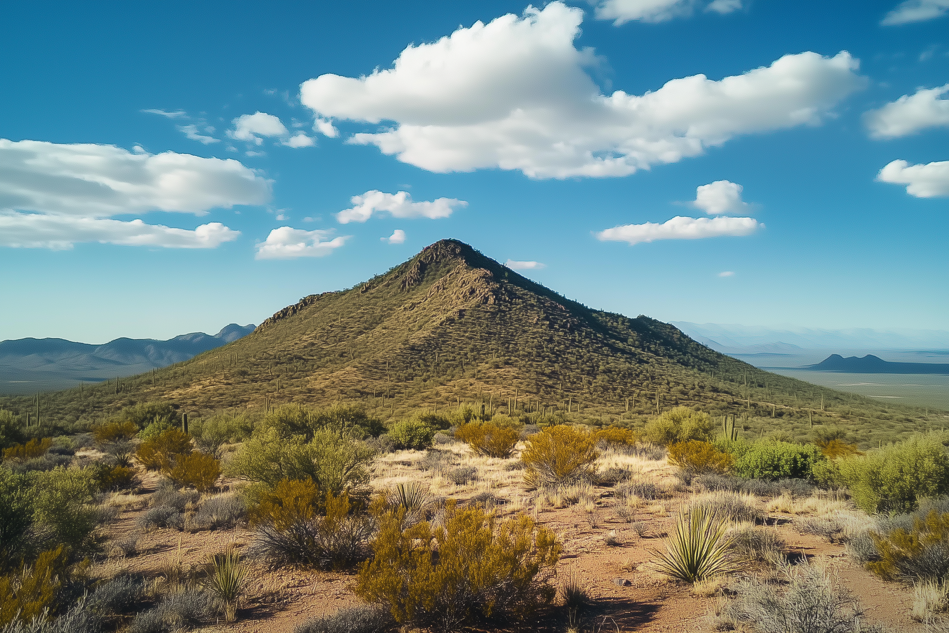 Desert mountain landscape under a blue sky with fluffy white clouds.