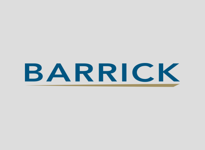 Barrick Gold logo: Blue text with the name "BARRICK" above a gold horizontal line on a gray background.