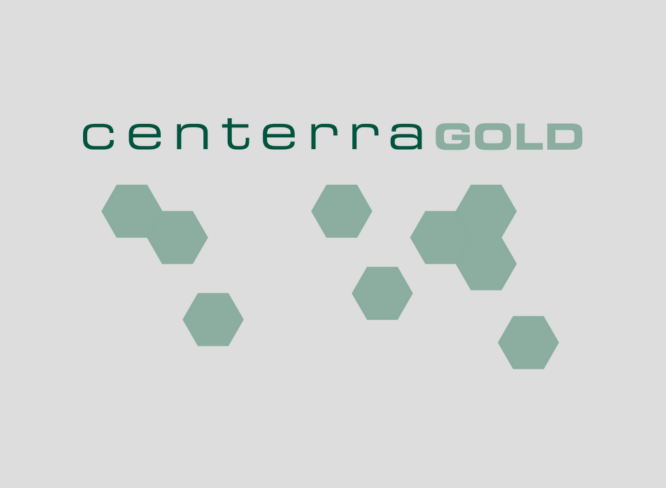 Centerra Gold logo with teal text and hexagonal design on a gray background.