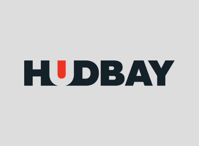 HUDBAY logo, dark grey text with a red "U" on a light grey background.