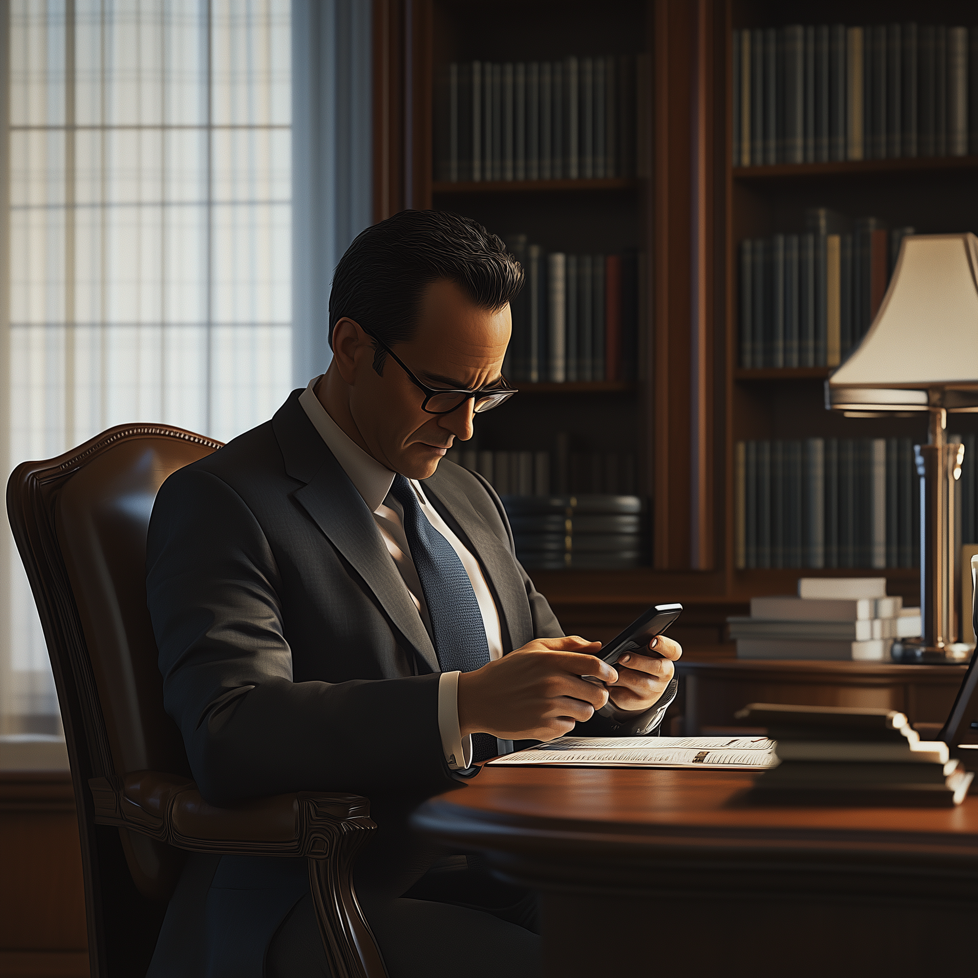Man in suit looking at phone, sitting at desk in library.