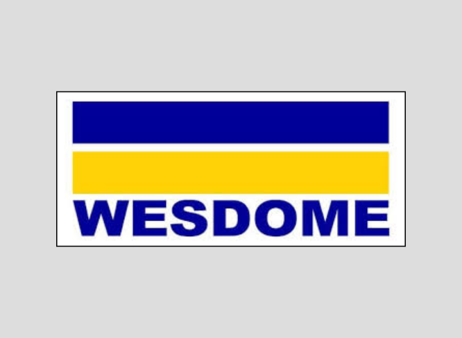 Logo of WESDOME with blue and yellow horizontal stripes. White text of company name below.