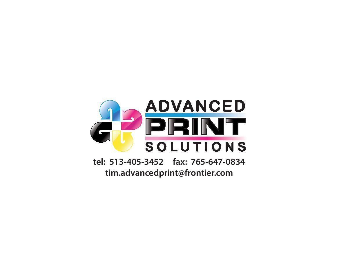 A logo for advanced print solutions with a phone number and website.
