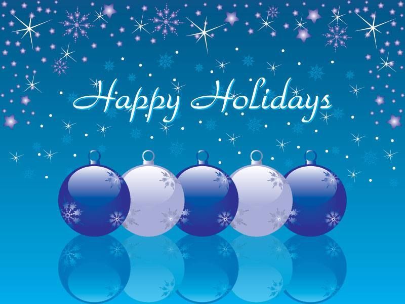 A blue background with christmas balls and the words happy holidays