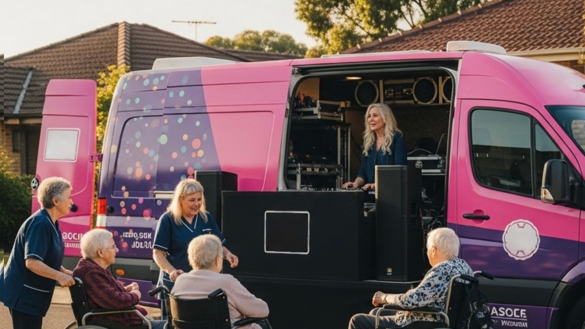 Pink van with DJ setup; elderly people in wheelchairs listen. Nursing staff interact, smiling, in residential setting.