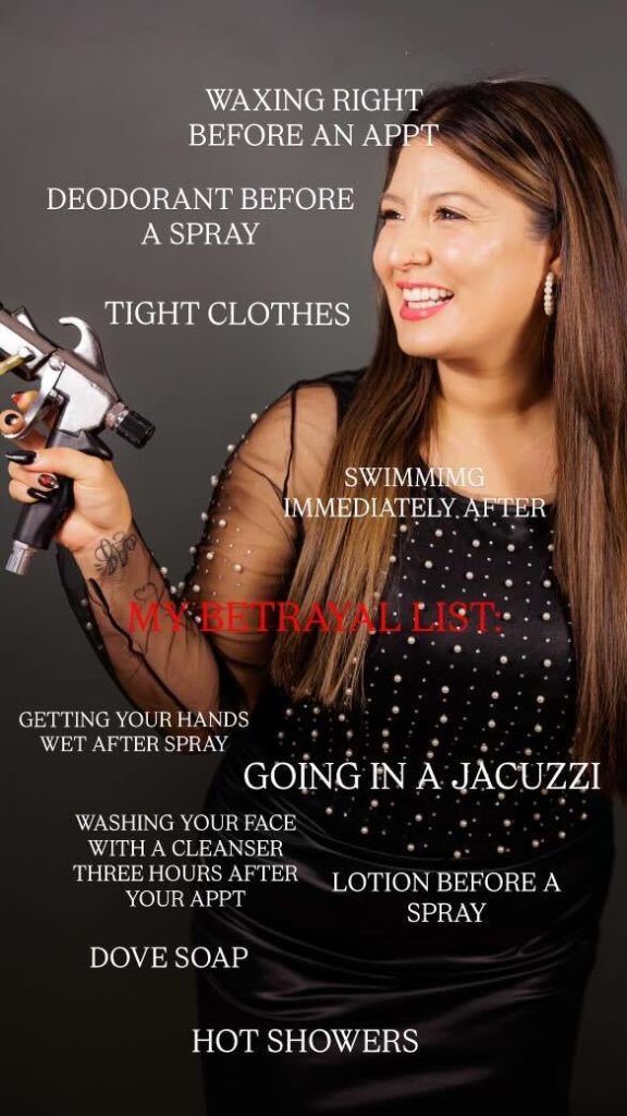 Woman holding spray gun with text listing things to avoid after spray tan.