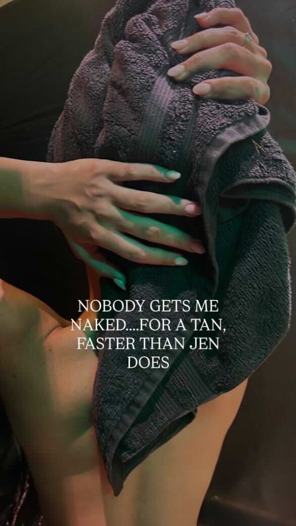 Person drying off with a towel; text overlay reads: 