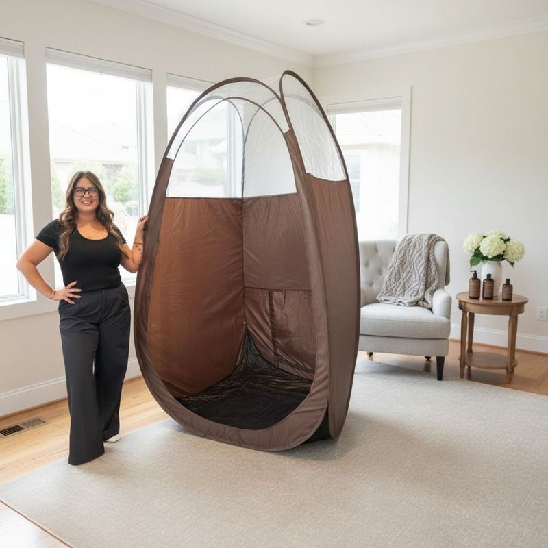 Woman beside a brown indoor hanging pod chair in a bright living room