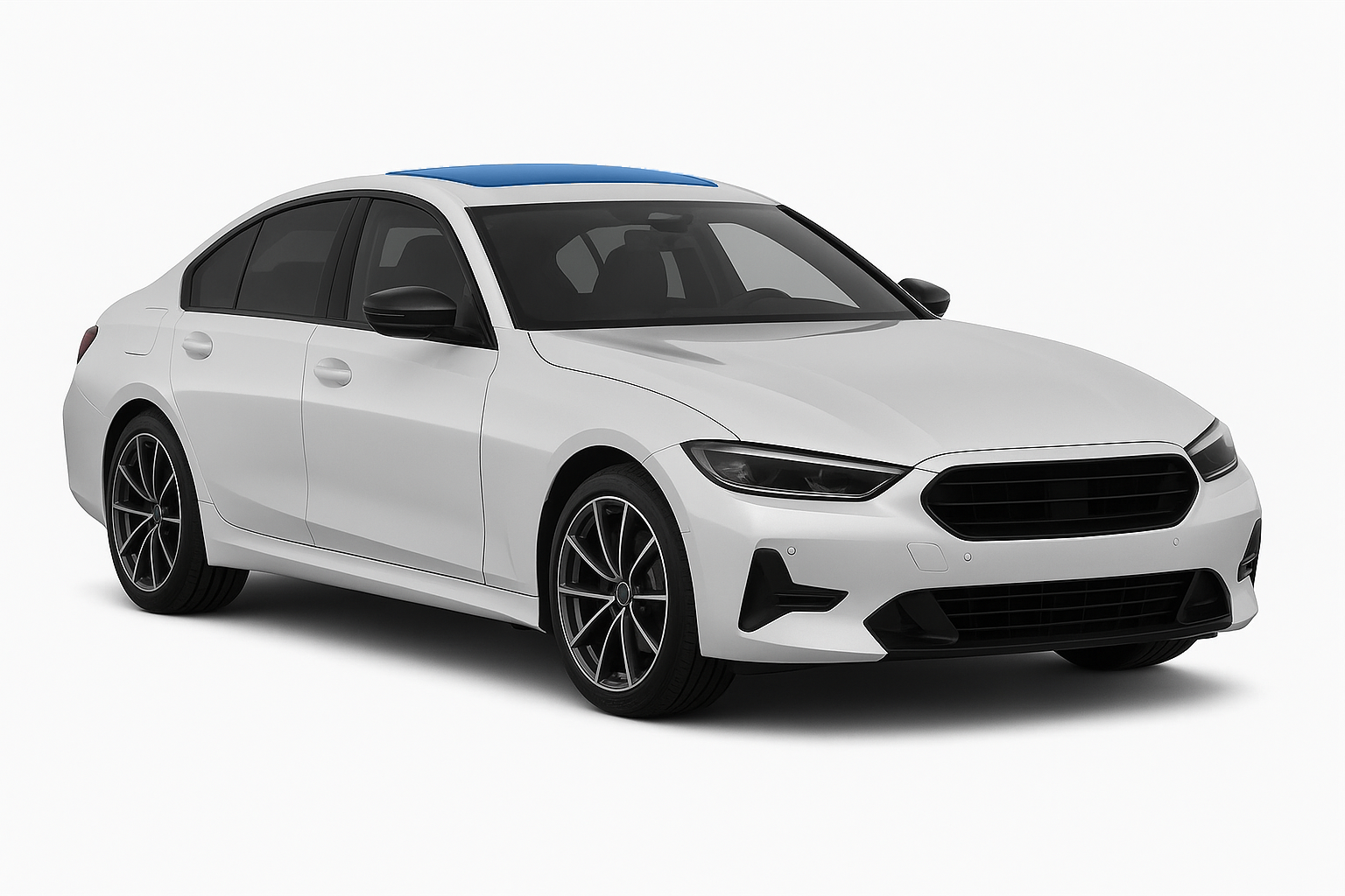 A white car with a blue roof on a white background.