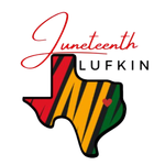 The text "Juneteenth LUFKIN" above a map of Texas filled with red, yellow, and green stripes and a small red heart.