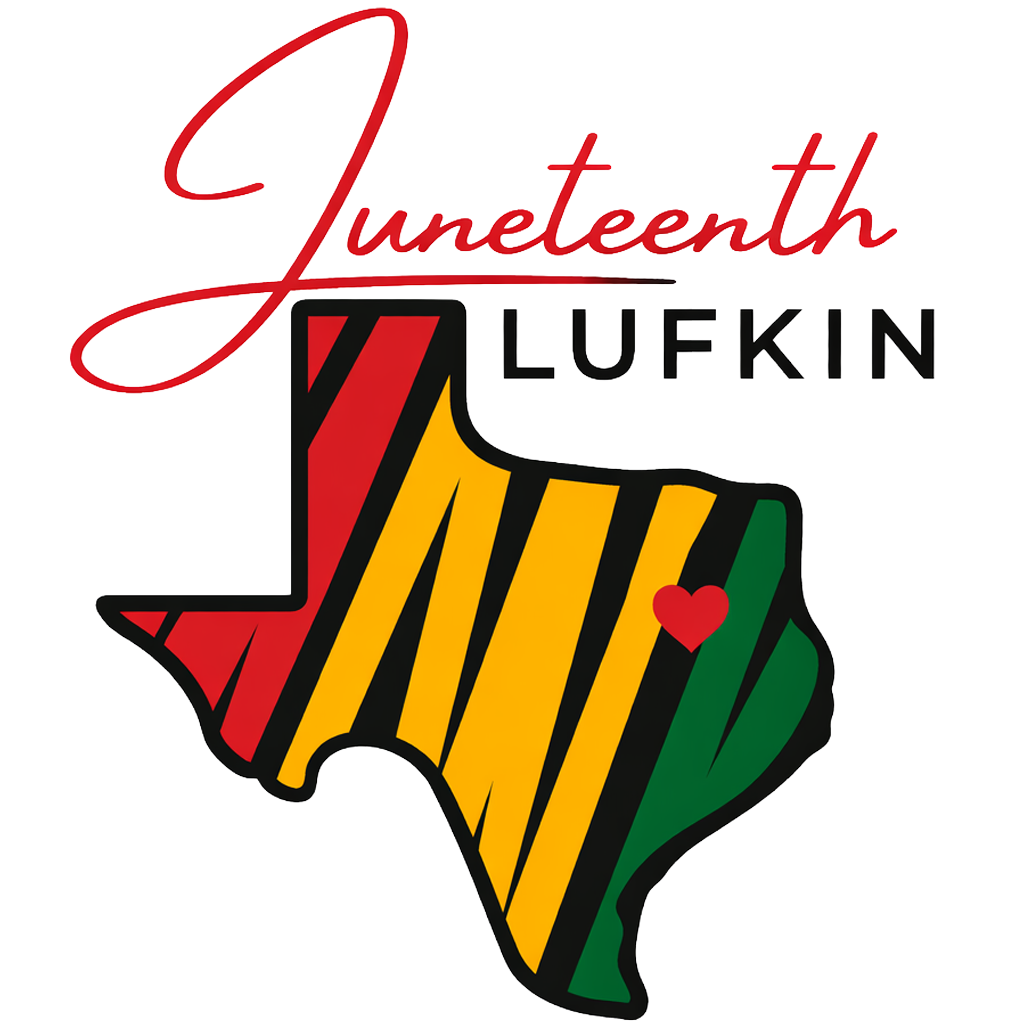 Logo for Juneteenth Lufkin featuring a map of Texas filled with red, yellow, and green stripes and a small red heart.