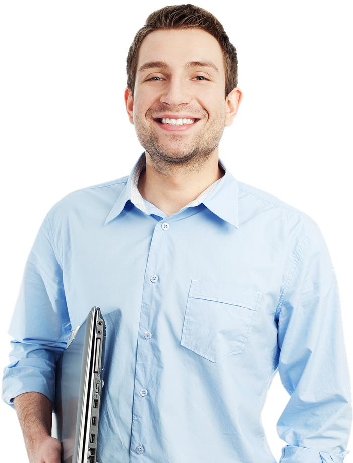 A man in a blue shirt is holding a laptop and smiling