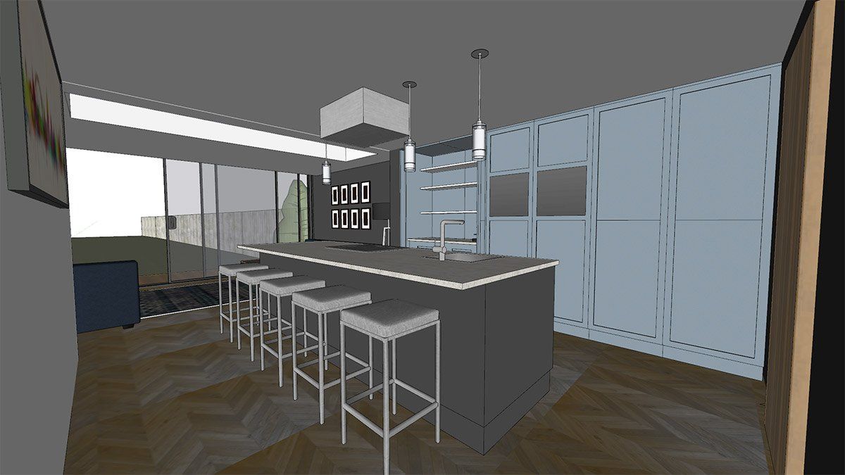 virtual view of kitchen with blue cabinets