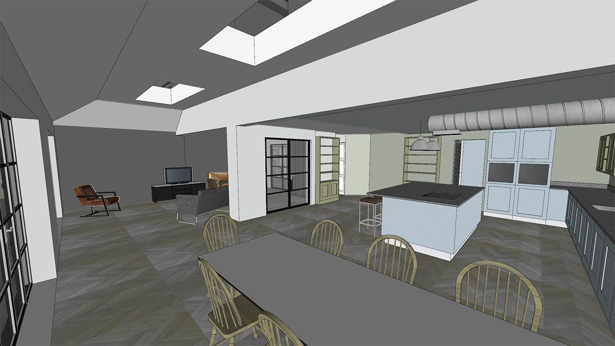 virtual view of kitchen and dining area